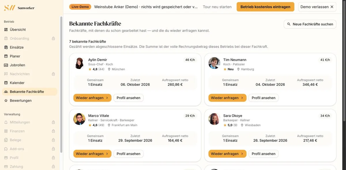 Bekannte Fachkräfte mit gemeinsamen Einsätzen, letztem Einsatz und „Wieder anfragen“